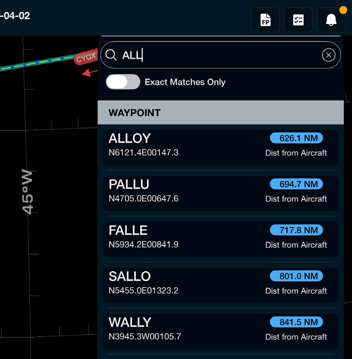 Nav search box listing matching route waypoints by distance