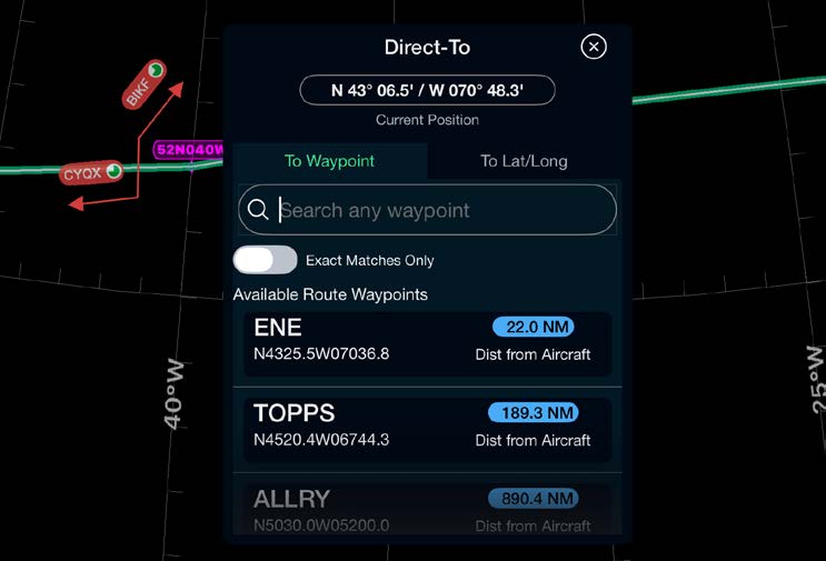 Direct-To dialog searching for a waypoint from present position