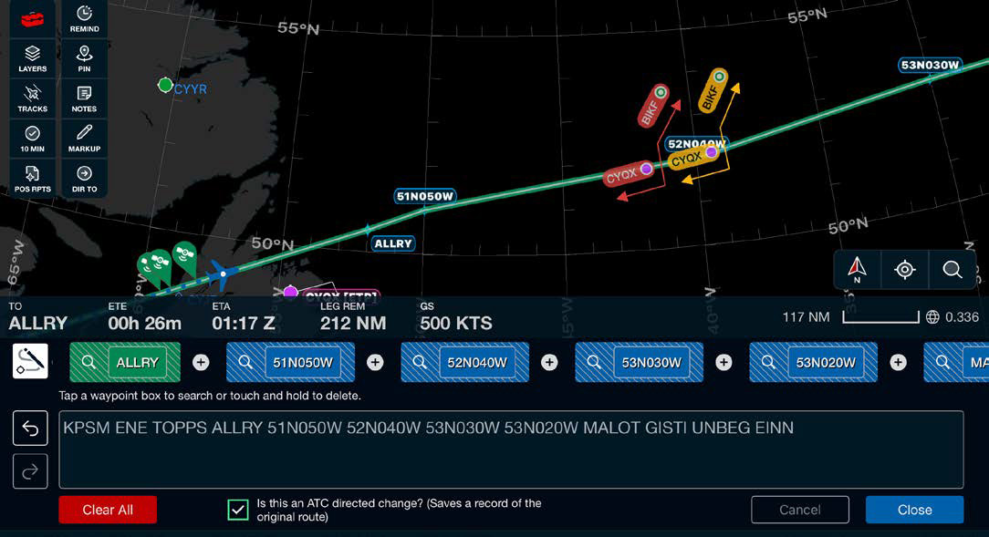 Plotting chart showing the added AJJAY waypoint in yellow as a proposed route change