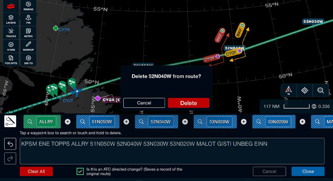Confirmation dialog to delete waypoint 52N040W from the route