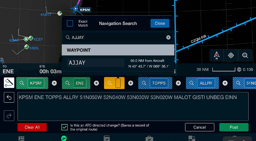 Navigation Search dialog looking up the AJJAY waypoint to add to the route