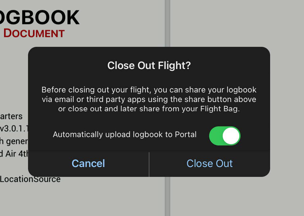 Close Out Flight confirmation dialog with the automatic upload-to-Portal toggle