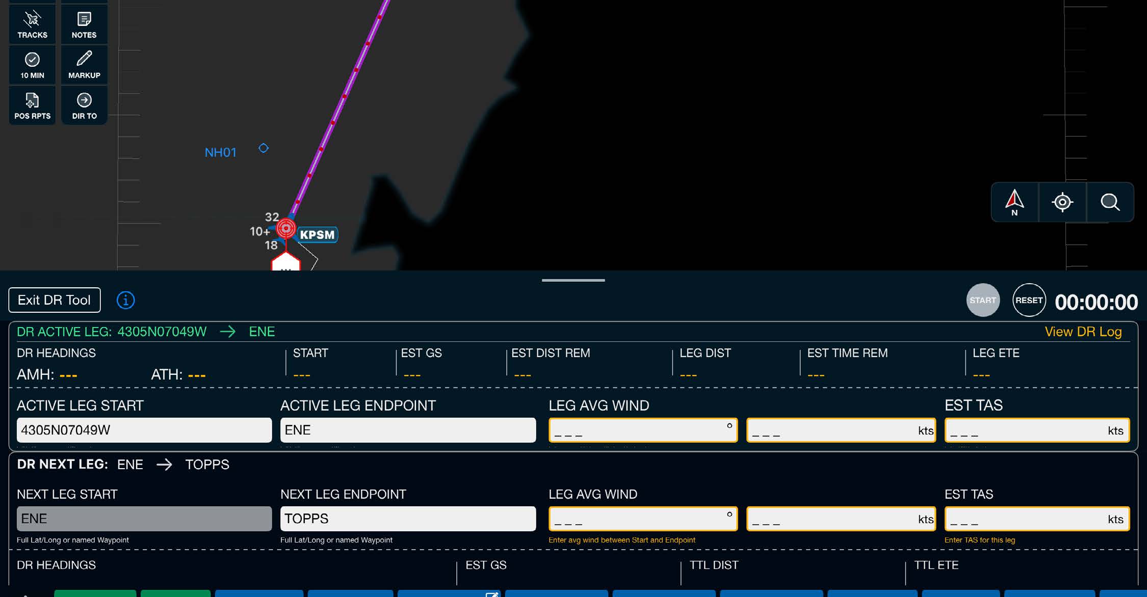 Dead Reckoning tool showing the DR Active Leg and DR Next Leg entry fields