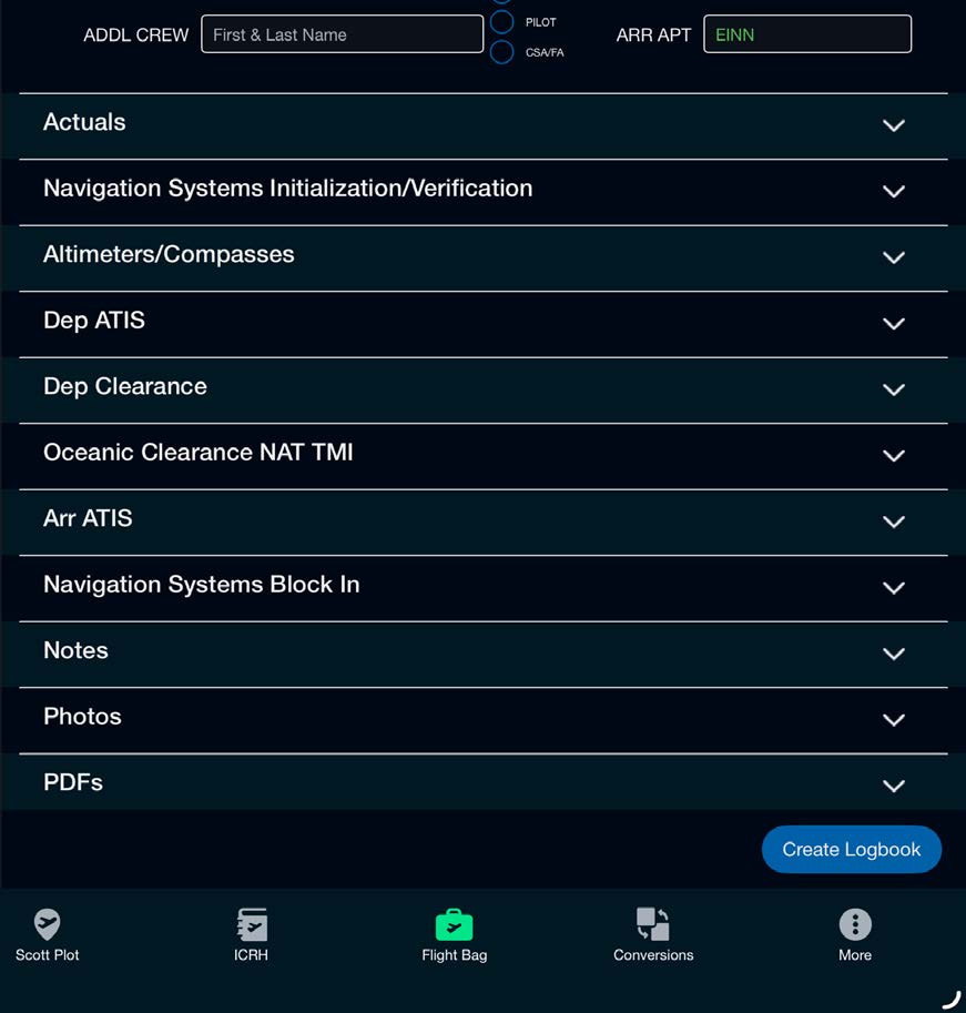 Active Logbook screen with accordion sections and the Create Logbook button