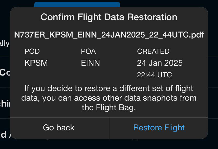 Confirm Flight Data Restoration dialog showing flight details and the Restore Flight button