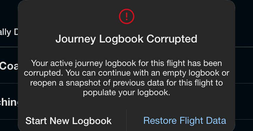 Journey Logbook Corrupted alert dialog with Start New Logbook and Restore Flight Data options