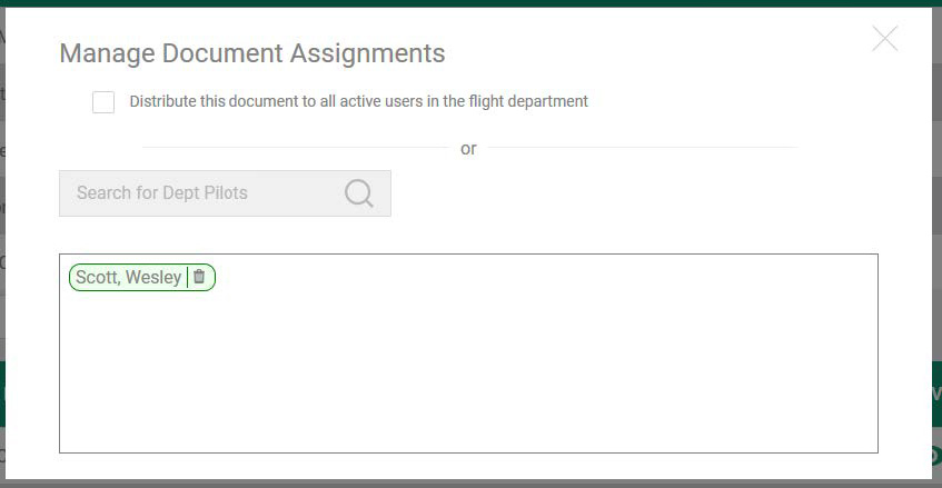Manage Document Assignments dialog for sharing a checklist