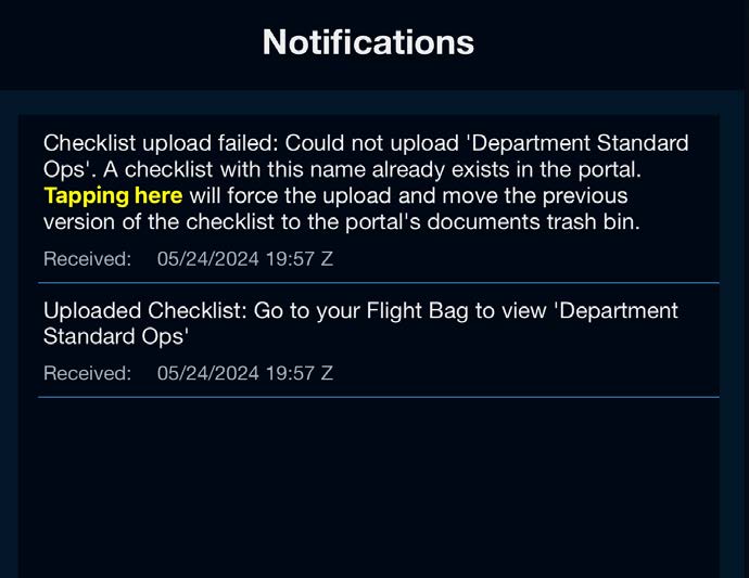 App notification confirming a checklist upload