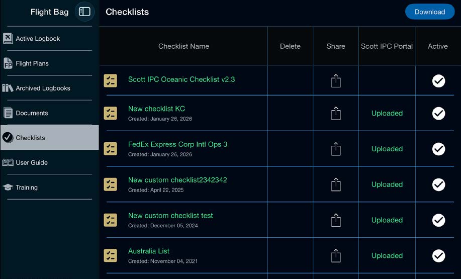 Checklists screen listing saved custom checklists