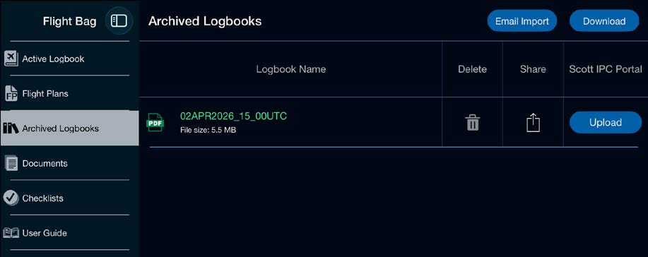 Archived Logbooks screen with an upload-to-portal option