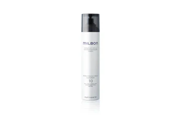 White Milbon hair product bottle with black pump cap on white background.