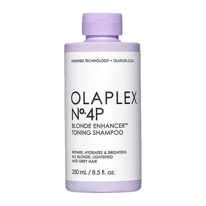 Bottle of Olaplex No. 4P Blonde Enhancer Toning Shampoo for blonde and grey hair, 250 mL.