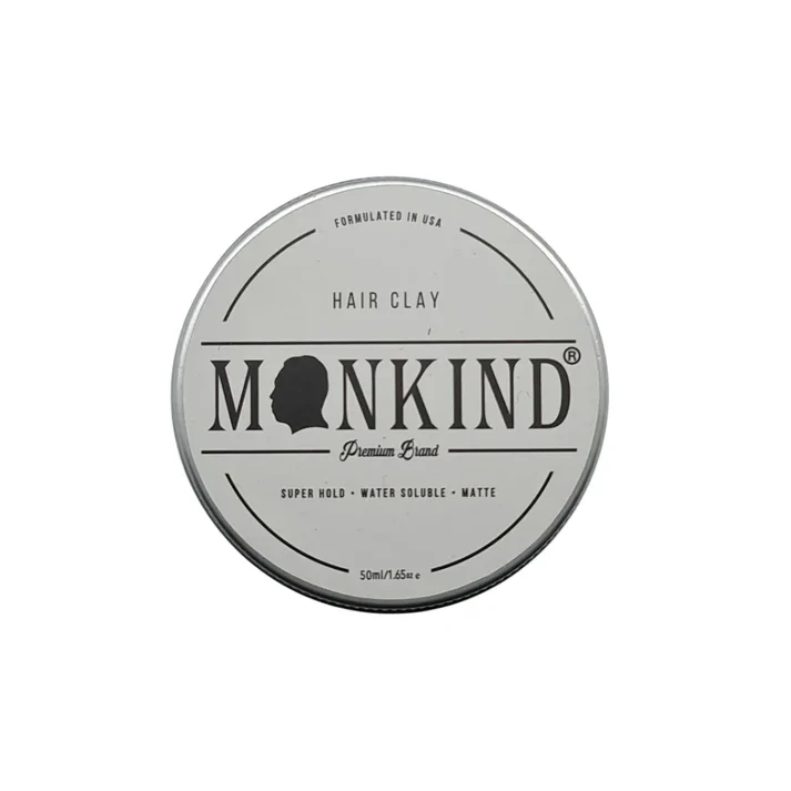 Top view of Mankind hair clay container labeled super hold, water soluble, matte, 50ml.