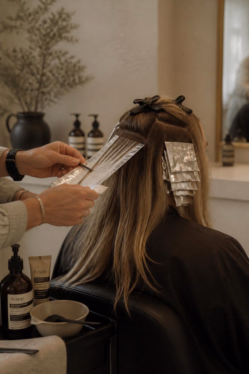 Hands applying hair dye with foil strips to a woman's long hair in a salon setting.