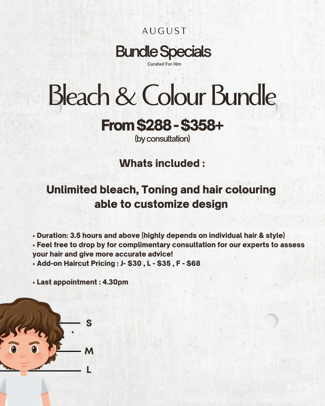 August bundle specials for hair bleaching and coloring with prices and consultation details.