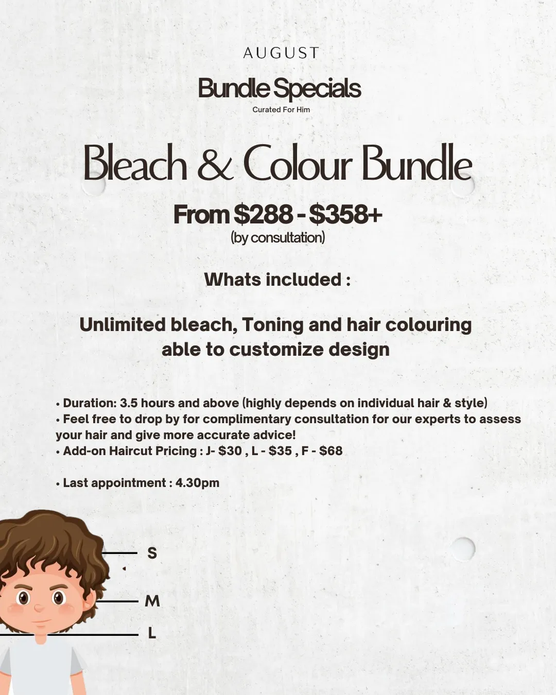 August bundle specials for hair bleaching and coloring with prices and consultation details.