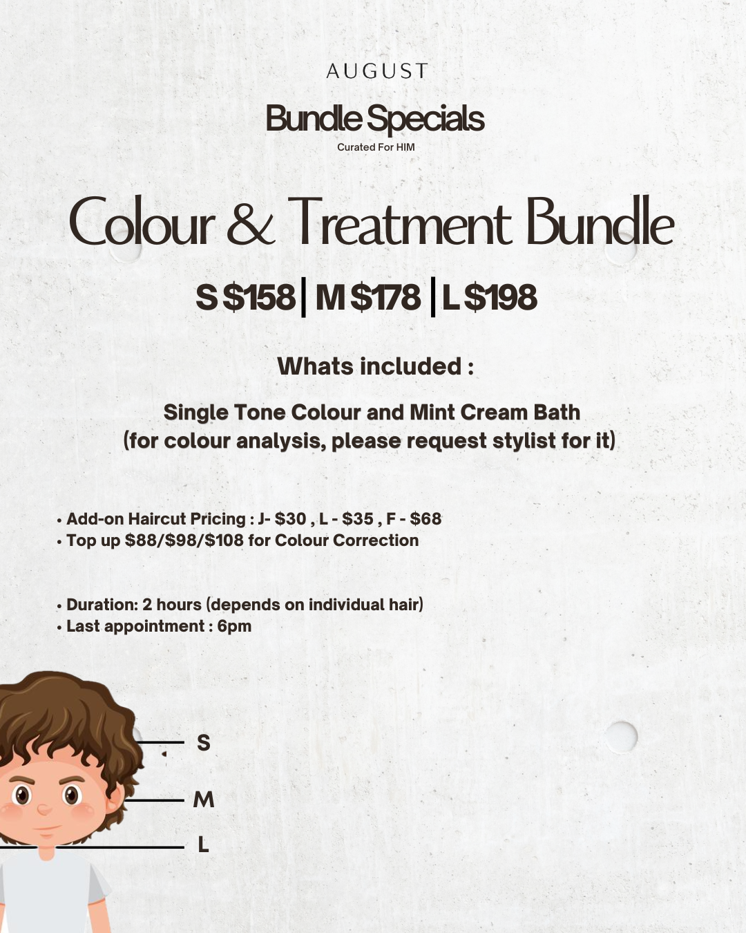 August bundle specials for her: Digital perm and treatment with contouring haircut across four size prices.