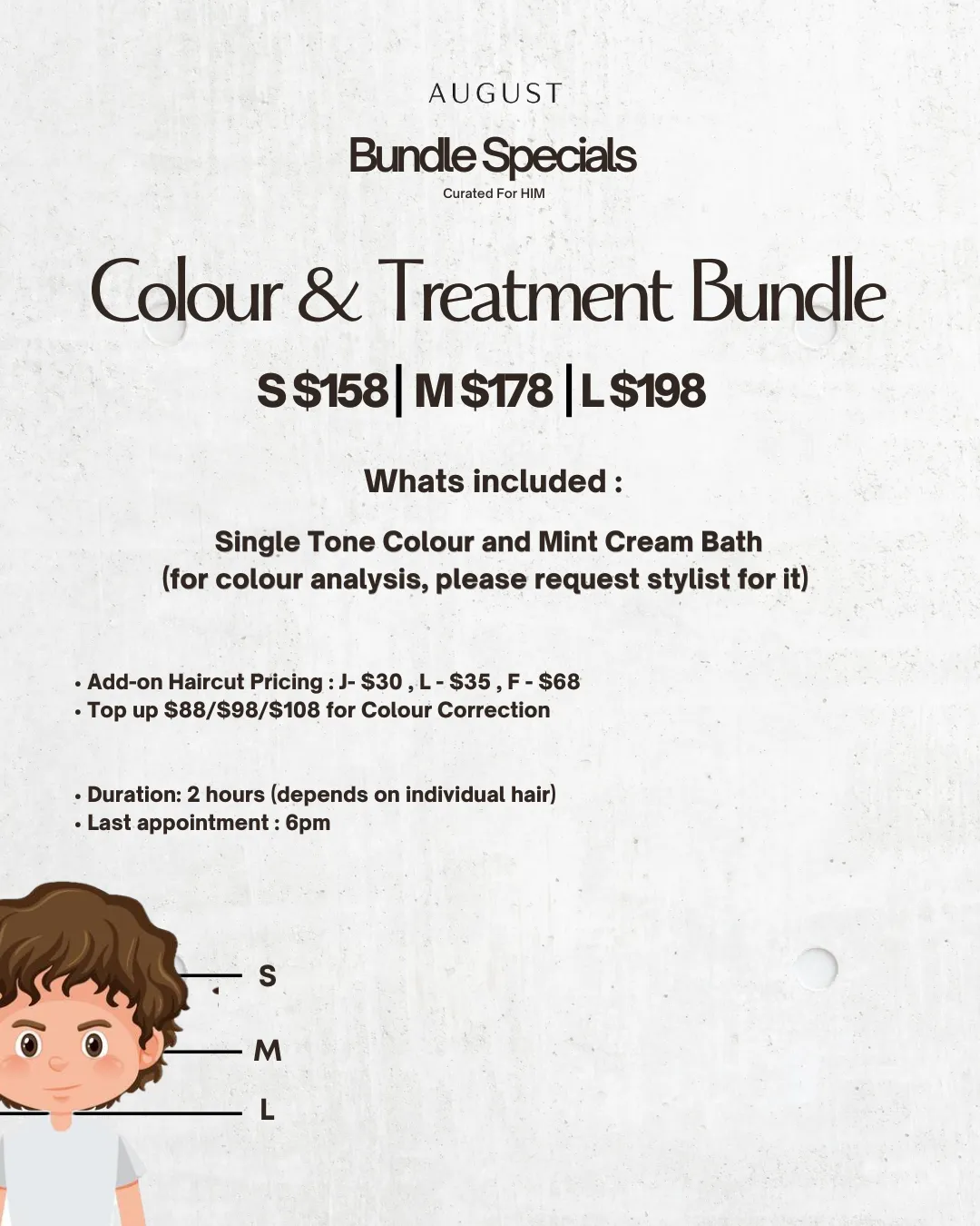 August bundle specials for her: Digital perm and treatment with contouring haircut across four size prices.