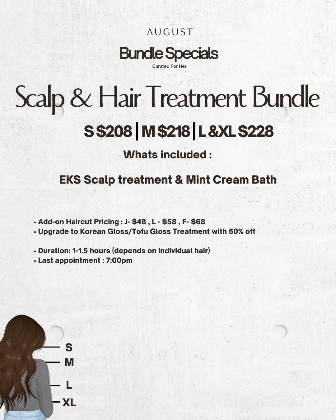 August bundle specials for perm and treatment including hair perming and mint cream bath for $200.