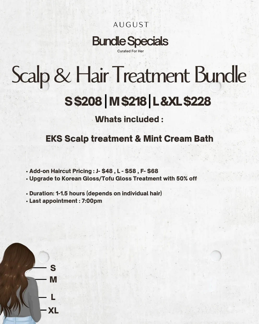 August bundle specials for perm and treatment including hair perming and mint cream bath for $200.