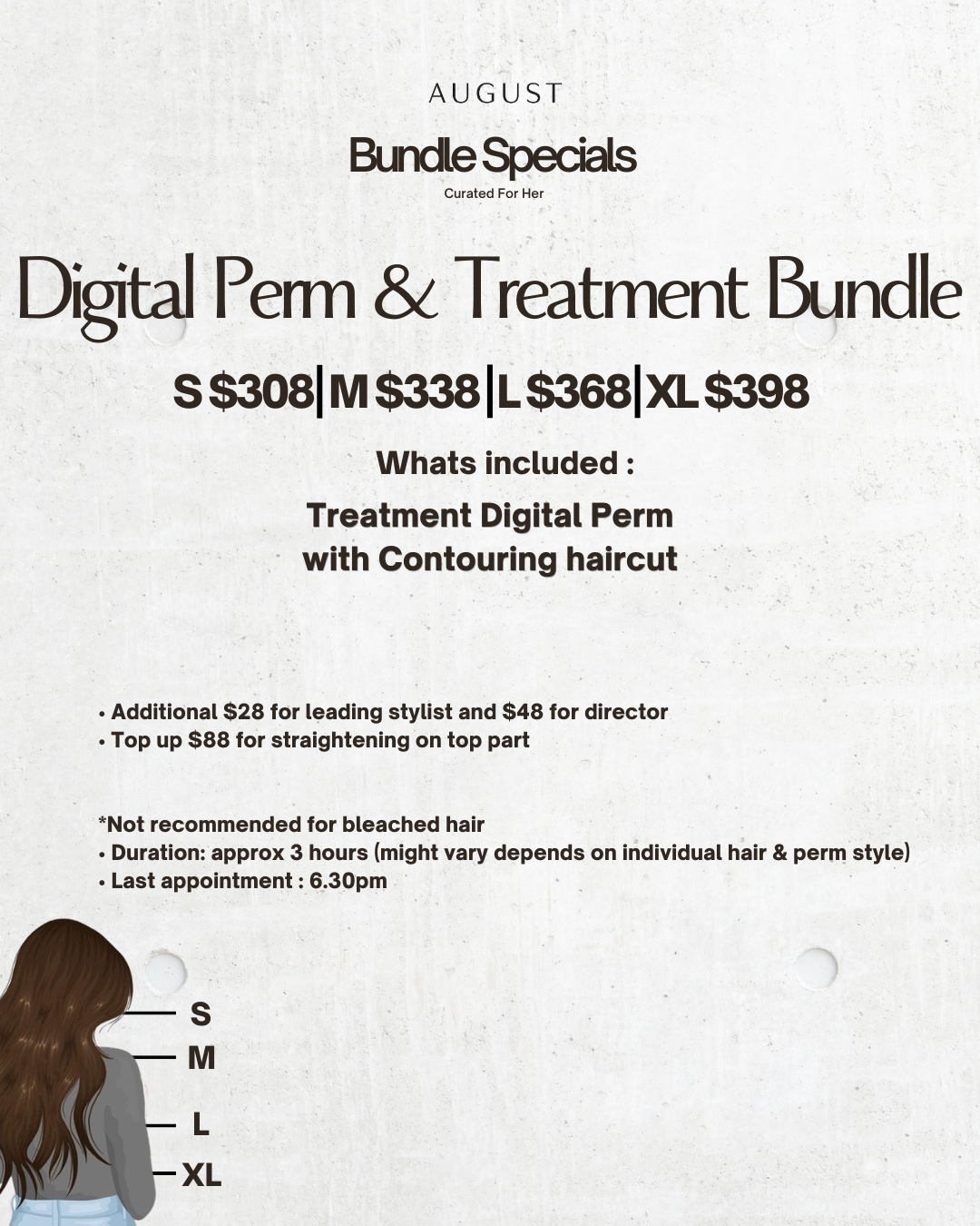 August bundle specials for digital perm and treatment with prices and details for hair length sizes.