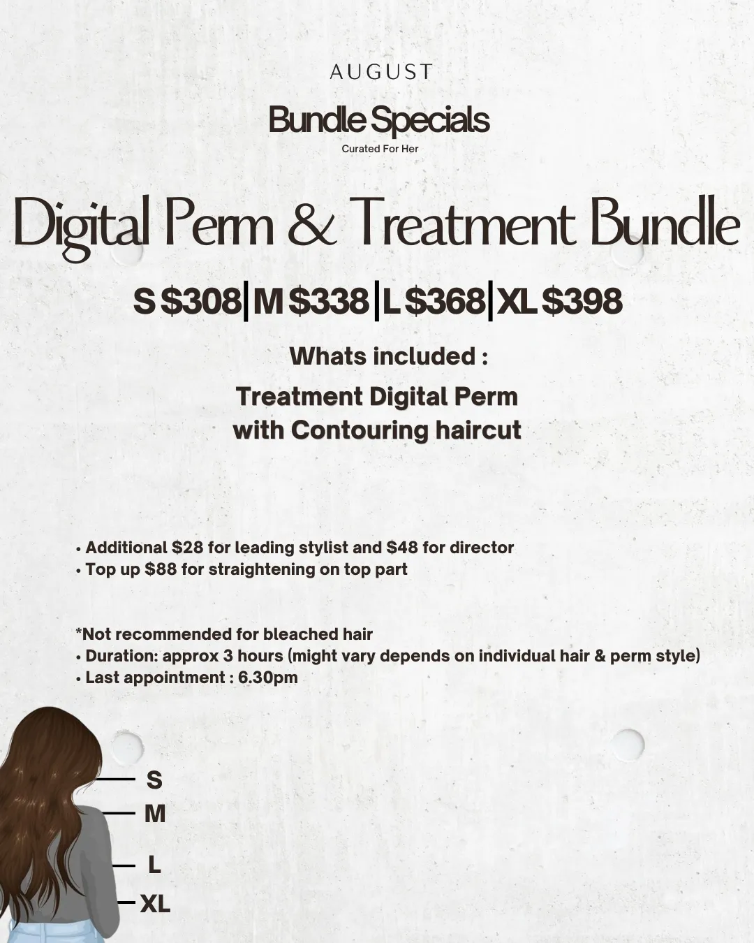 August bundle specials for digital perm and treatment with prices and details for hair length sizes.