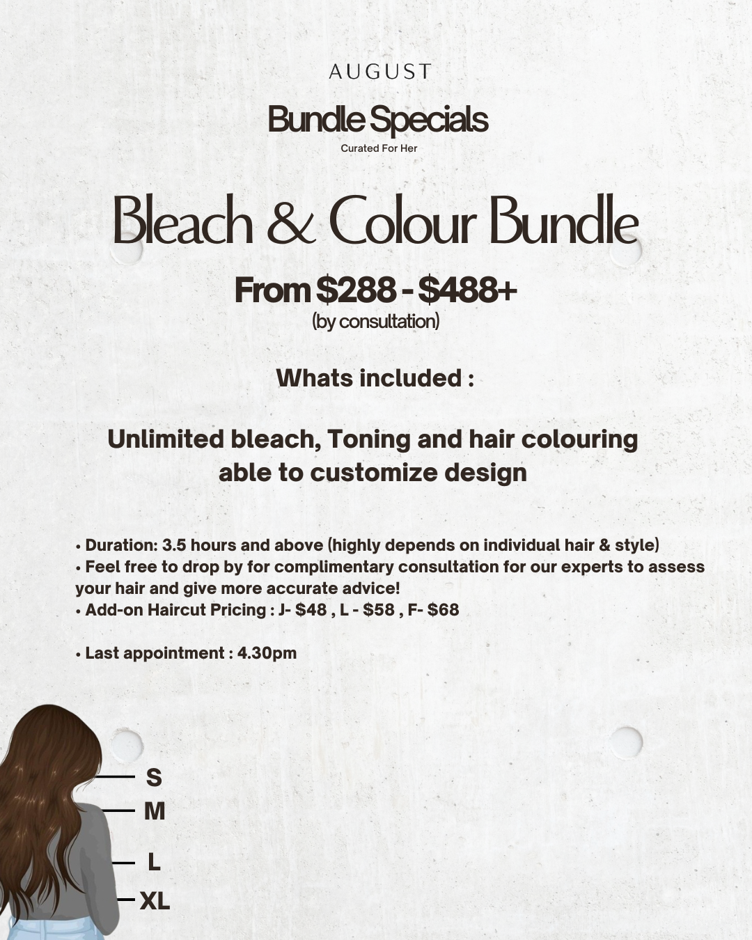 Text details August bundle specials for unlimited bleach, toning, and hair coloring from $288 to $488 plus consultation.