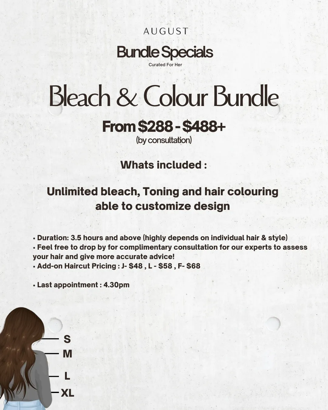 Text details August bundle specials for unlimited bleach, toning, and hair coloring from $288 to $488 plus consultation.