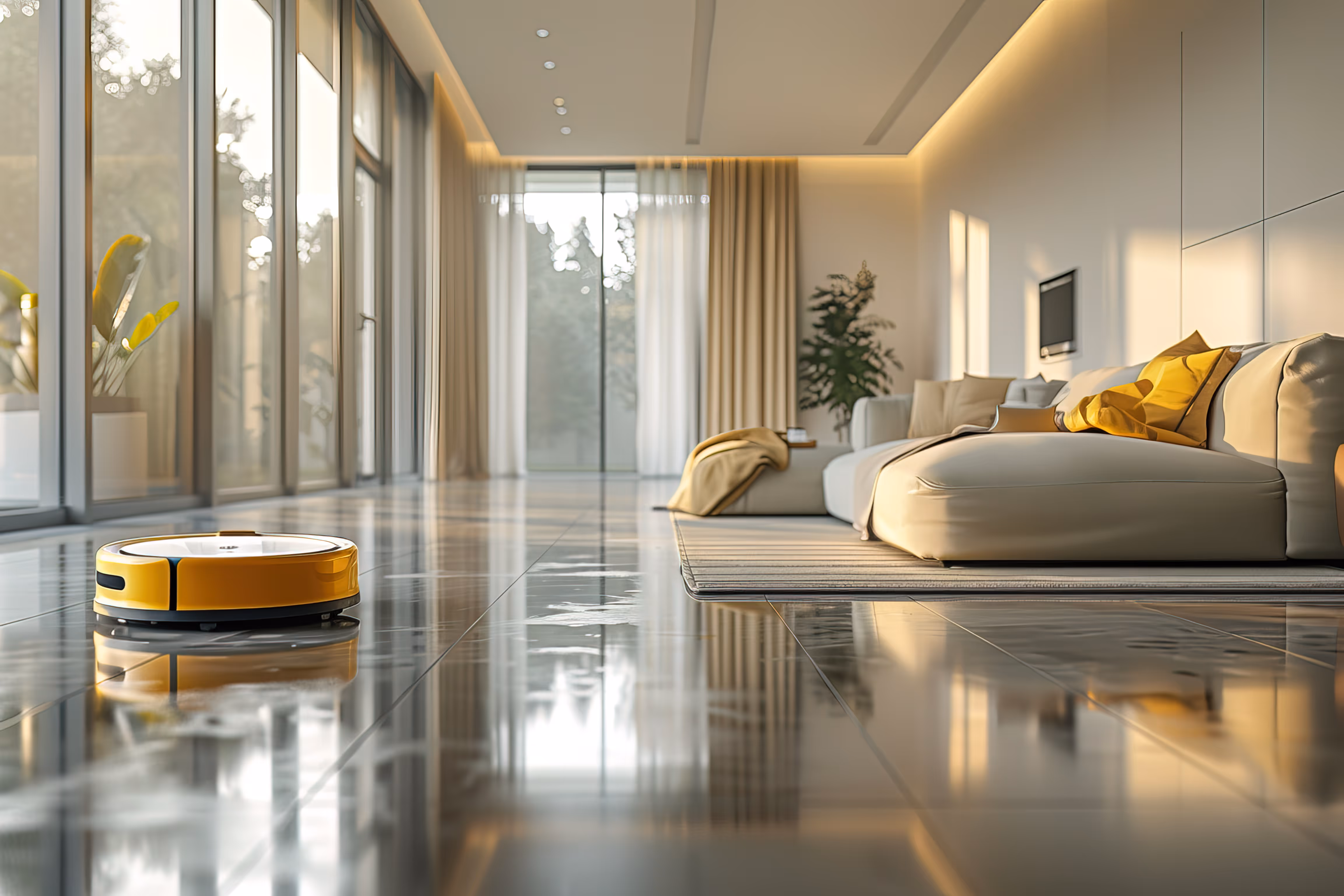 Yellow robot vacuum cleaning wet spots on a shiny tiled floor in a modern sunlit living room.