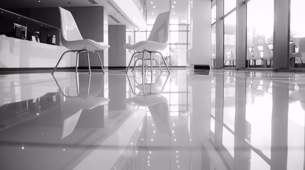 White chairs reflected on shiny floor in a modern, bright office lobby with large windows.