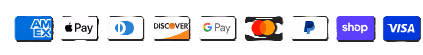 Icons of payment methods including Amex, Apple Pay, Discover, Google Pay, Mastercard, PayPal, Shop, and Visa.