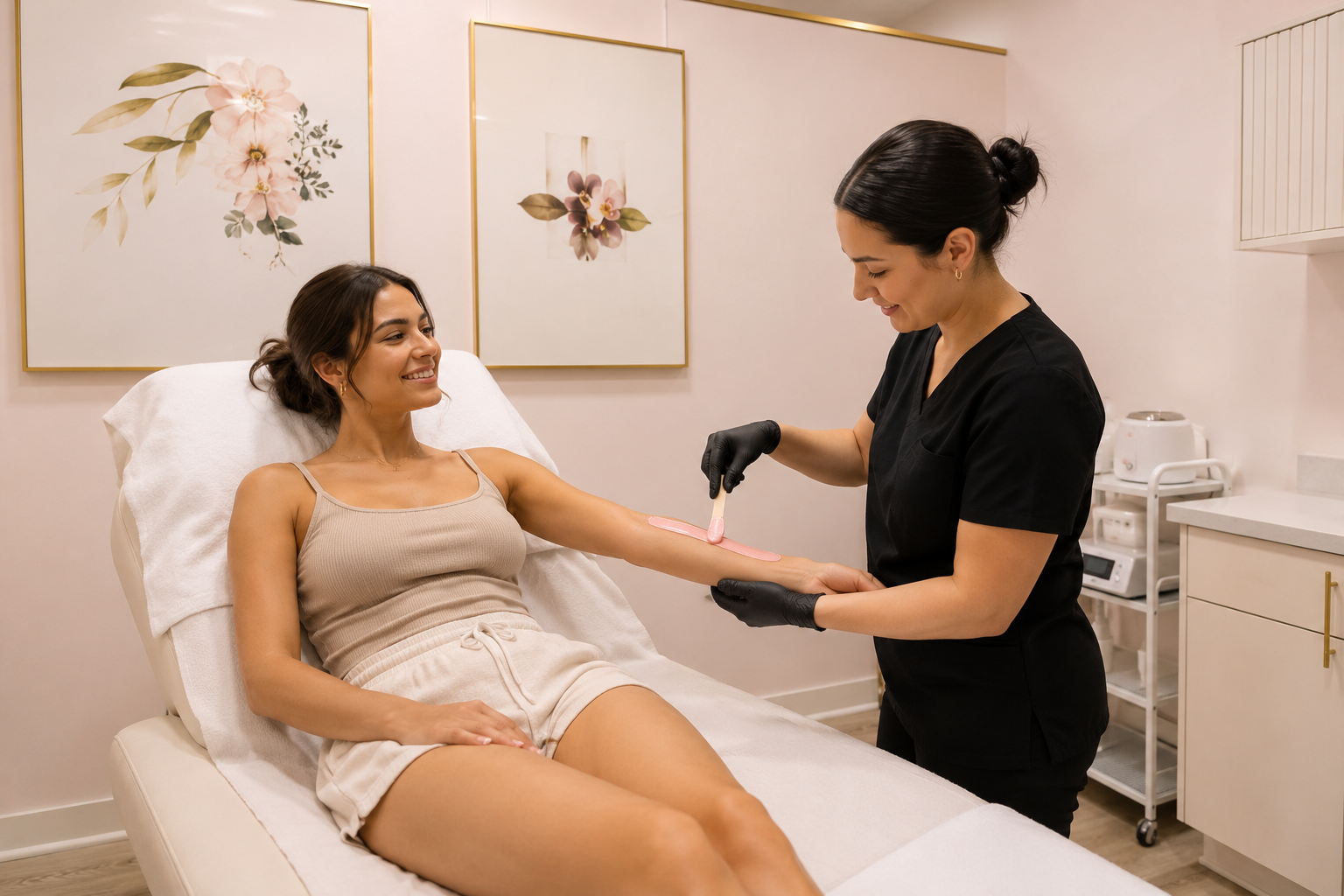 A happy client is receiving an arm wax treatment in melted.co in hanford, CA.