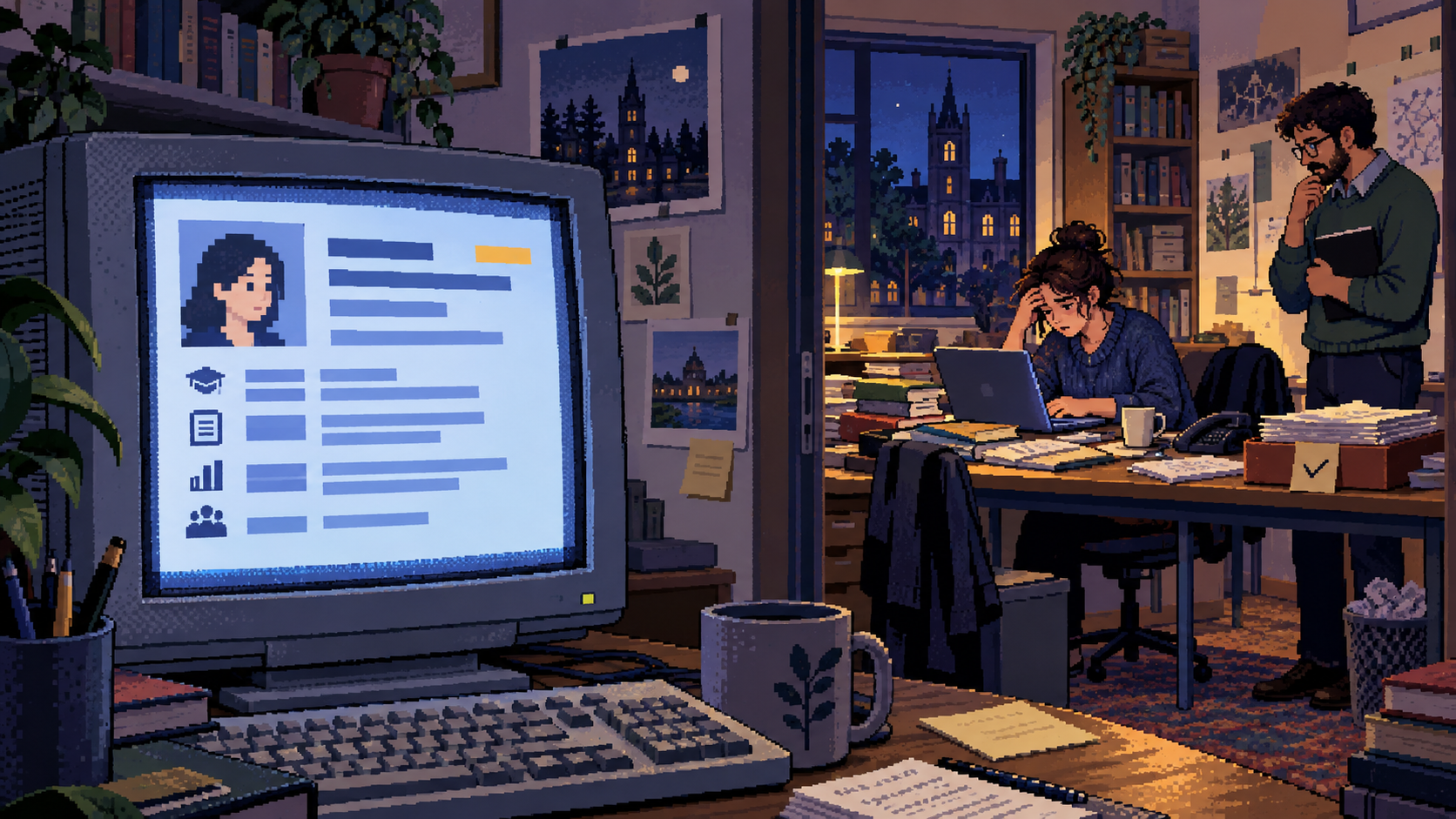 Pixel-art contrast between an AI-generated persona and a person facing real-world work constraints.
