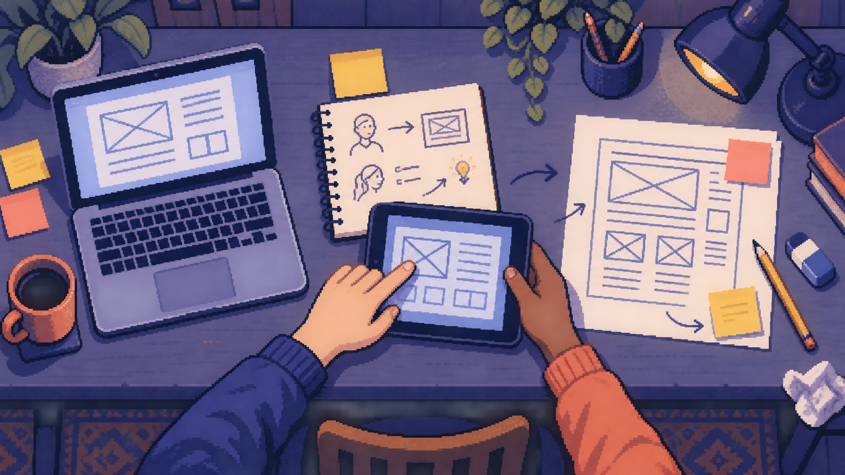 Pixel-art workbench with a prototype, observation notes and a revised interface sketch.