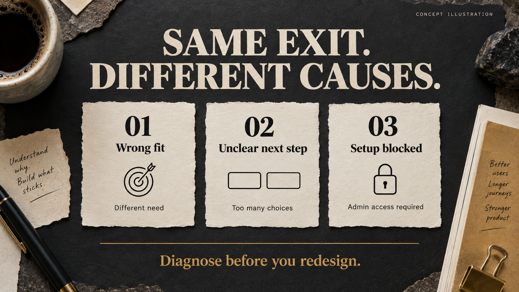 Three possible causes of trial abandonment: wrong fit, unclear next step, and blocked setup
