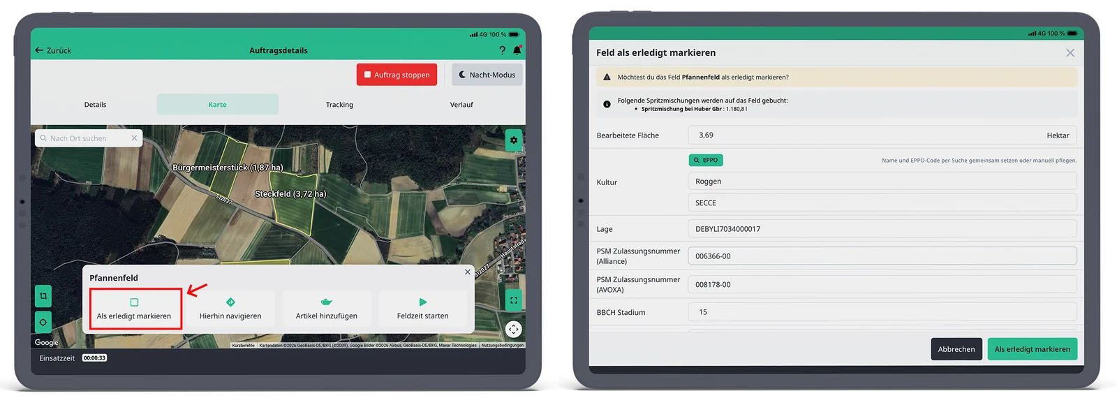 Feld in FarmAct als erledigt markieren mit Pflichtangaben zur Pflanzenschutzanwendung