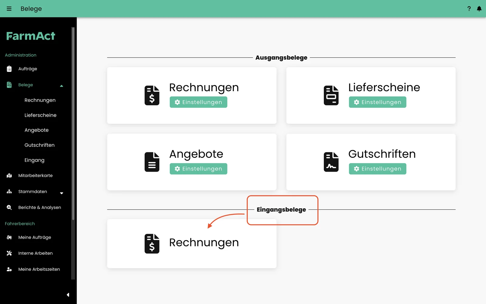 Belegarten in FarmAct mit hervorgehobenem Bereich Eingangsbelege