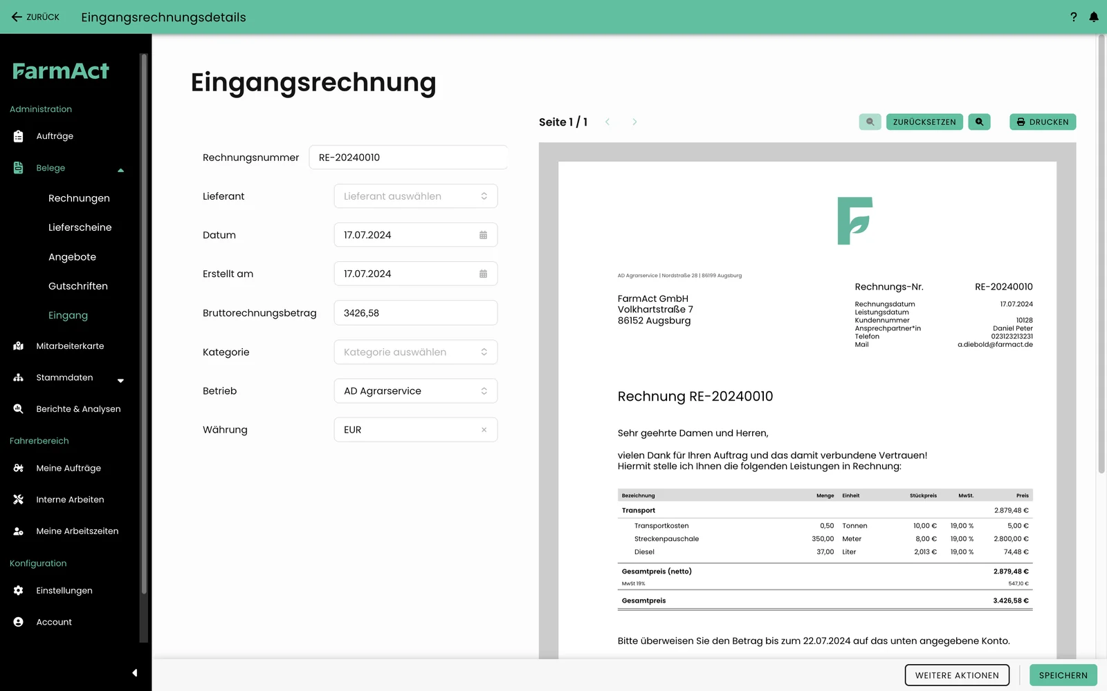 Eingangsrechnung in FarmAct erfassen: Eingabemaske neben der PDF-Vorschau des Belegs