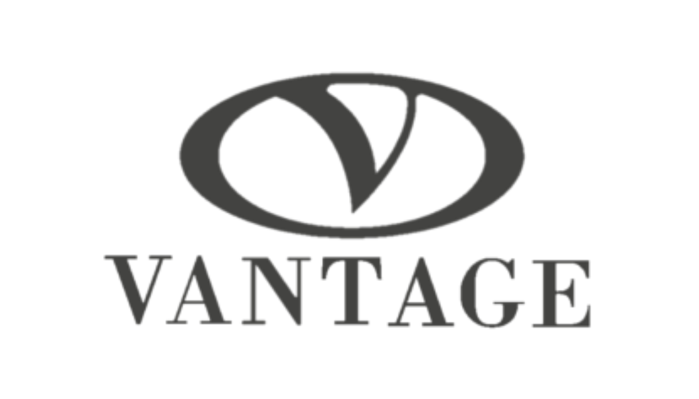 Logo of the brand VANTAGE with a stylized letter V inside an oval shape.