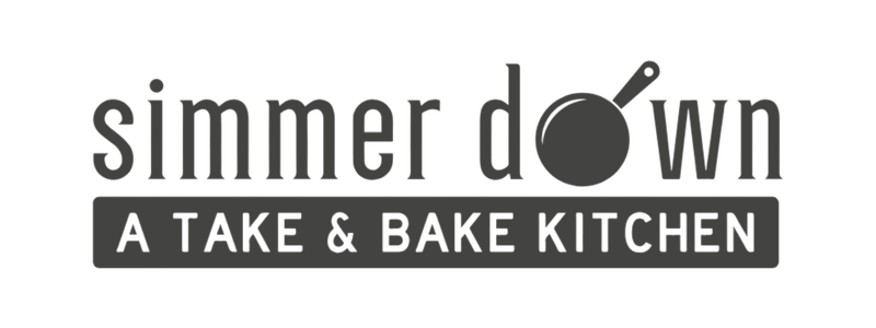 Simmer Down logo with a pan graphic and tagline 'A Take & Bake Kitchen'.
