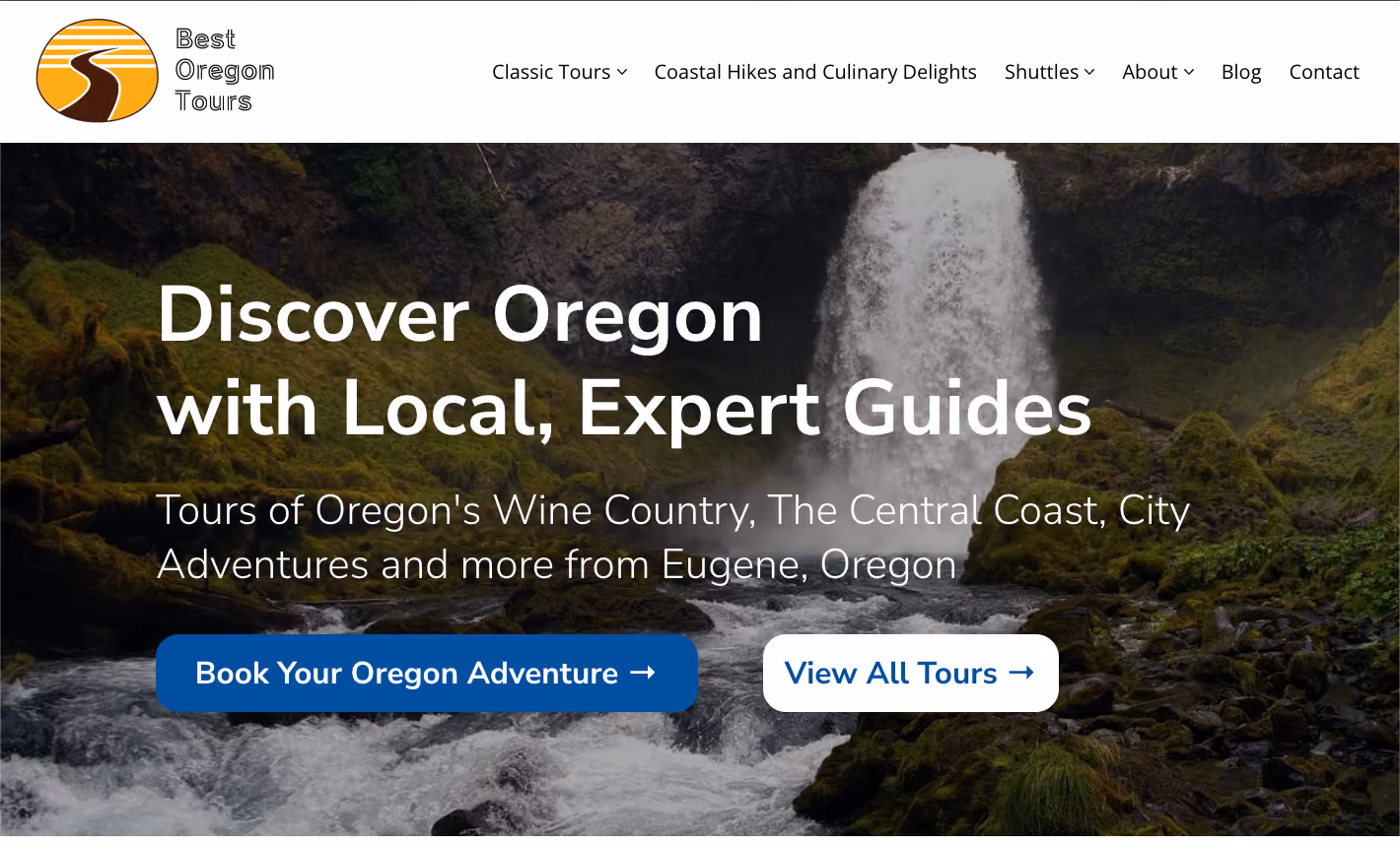 Screenshot of Best Oregon Tours' website homepage