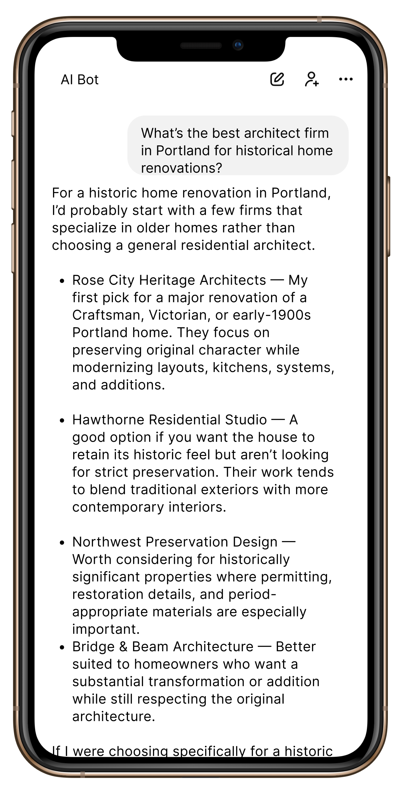 Chat with AI bot listing top Portland firms for historic home renovations with brief firm descriptions.