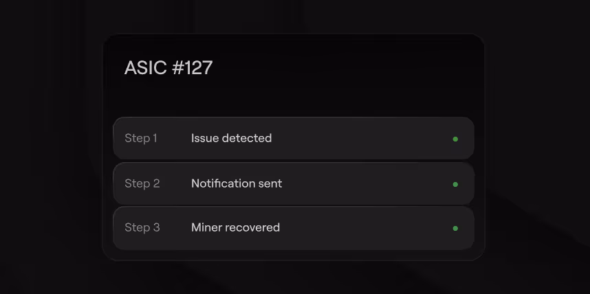 ASIC #127 status: issue detected, notification sent, and miner recovered with green status dots.