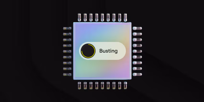 Close-up of a microchip with a toggle switch labeled Busting set to on.