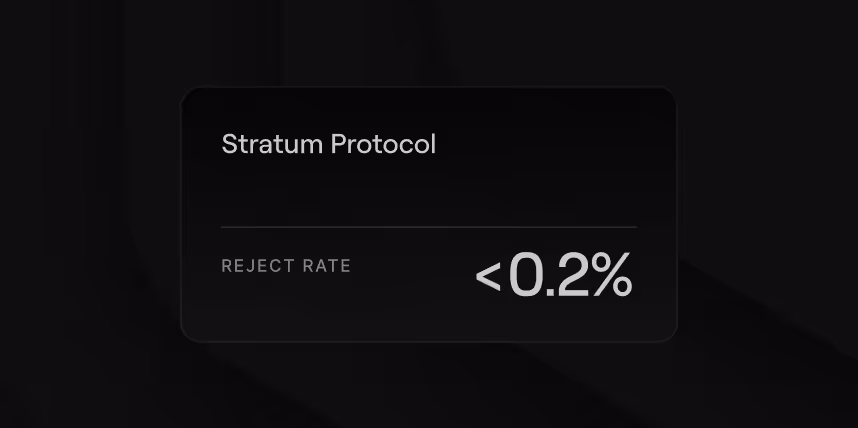 Black panel showing Stratum Protocol with reject rate less than 0.2 percent.