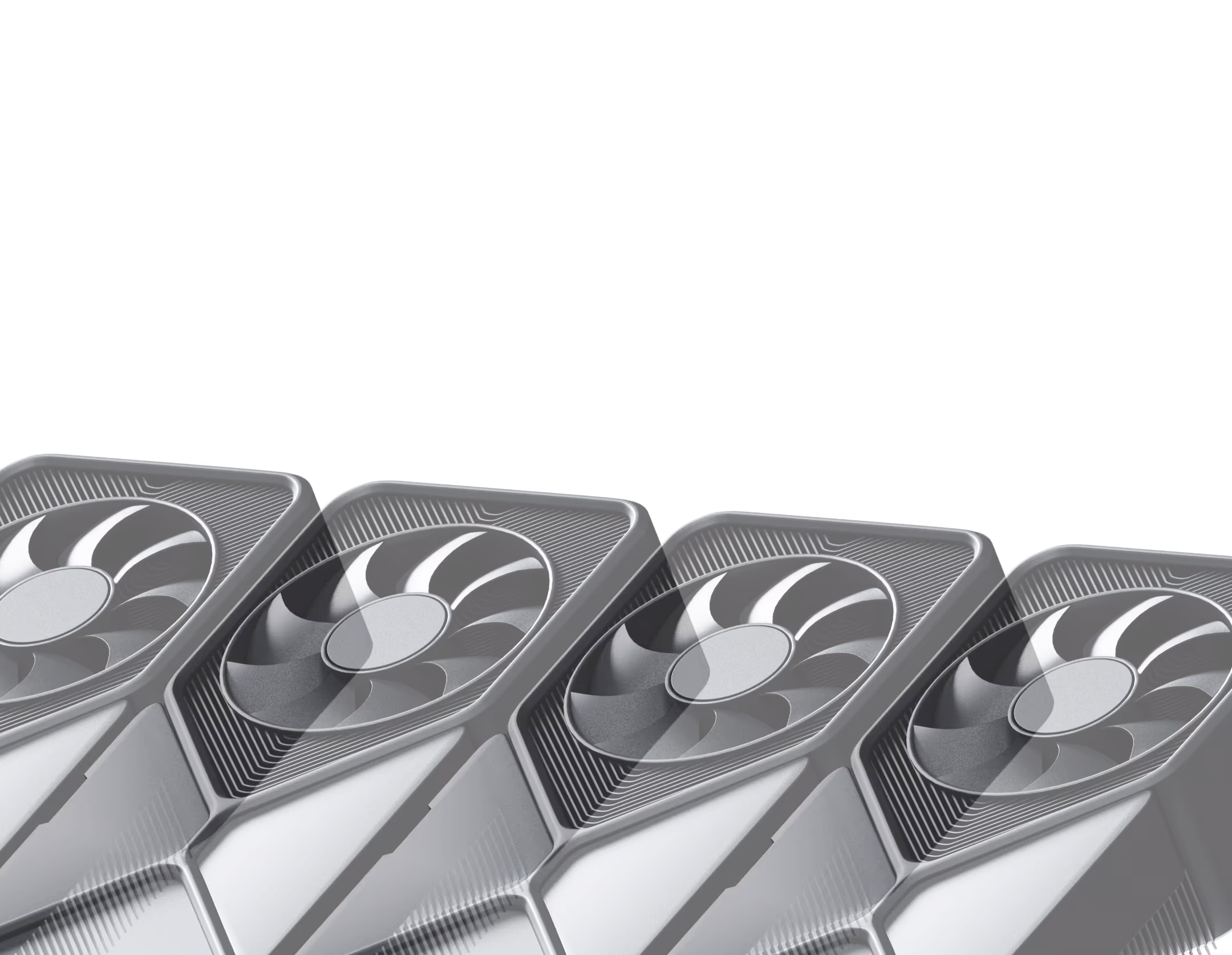 Four modern black and silver computer cooling fans lined up diagonally on a black background.