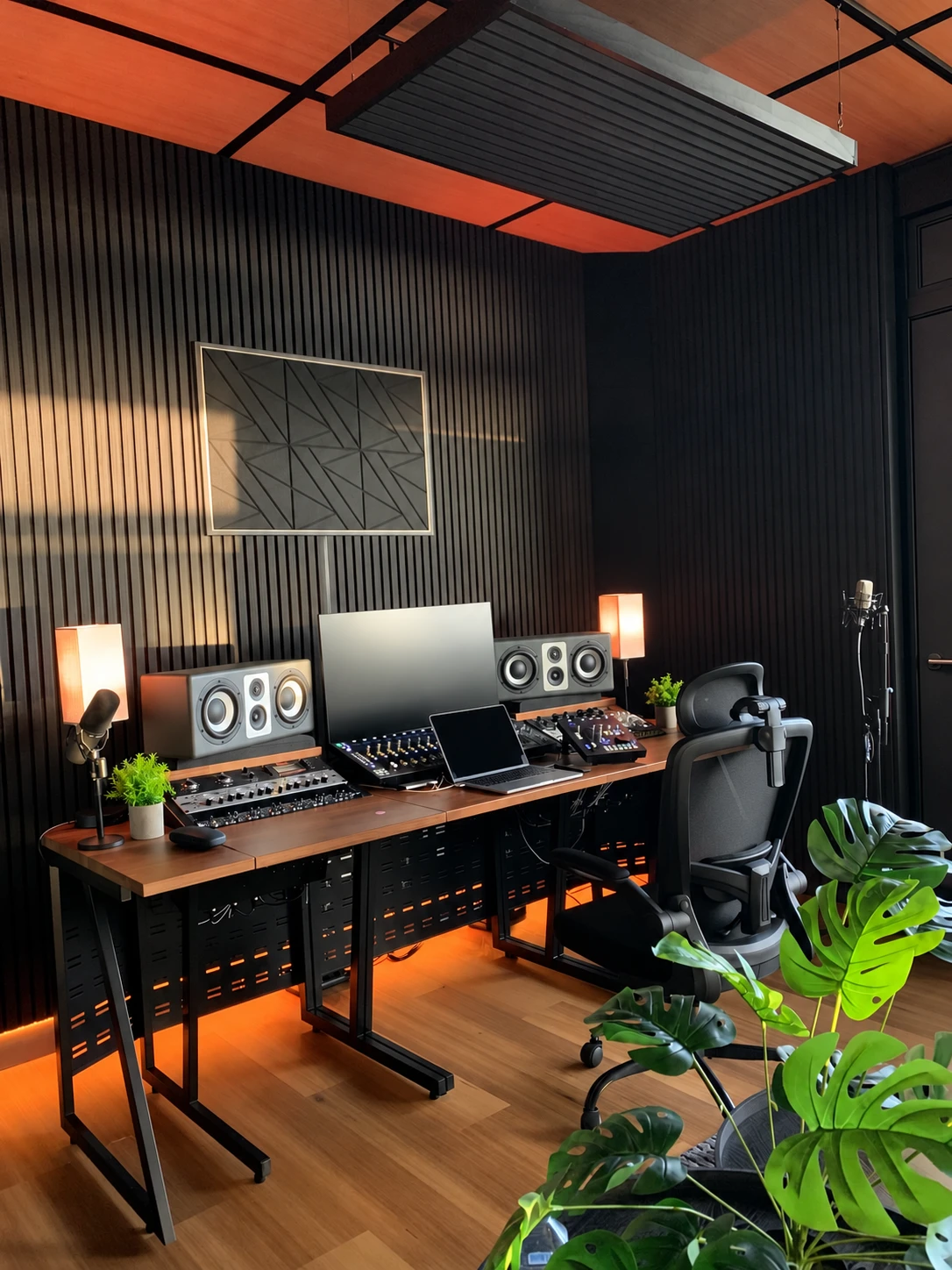 Studio A recording desk, monitors and microphones
