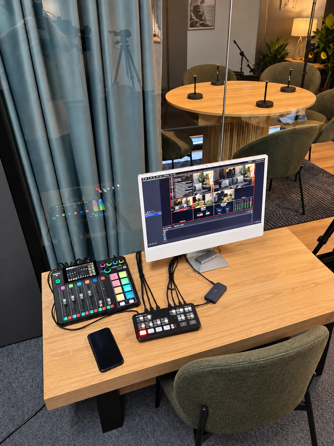 Podcast production desk and four Shure SM7B table microphones