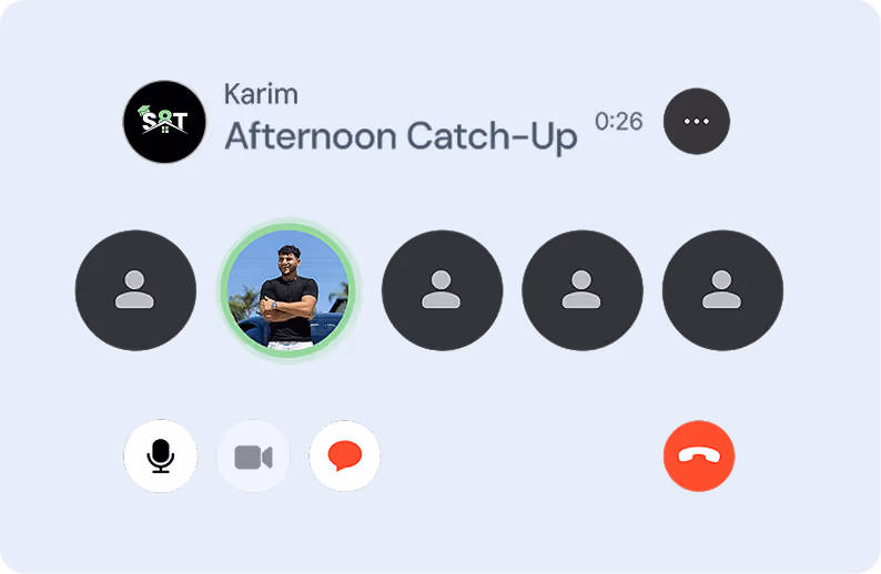 Video call screen titled 'Afternoon Catch-Up' with six participants, one displayed with photo, call controls below.