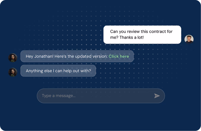 Chat interface with message: 'Can you review this contract?' and replies including a link to updated version.